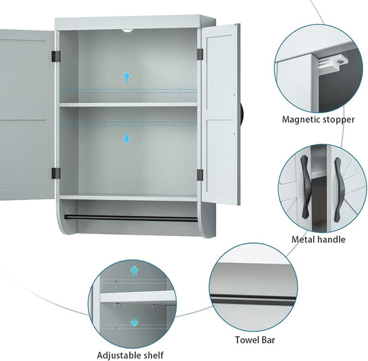 SRIWATANA Bathroom Storage Wall Cabinet Over The Toilet with Adjustable Shelf, Space Saver 2-Door Medicine Cabinet with Metal Bar