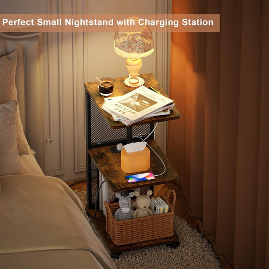 SRIWATANA End Table with Charging Station,Narrow Side Tables for Small Spaces,Sofa Beside Table with Rolling Wheels, Slim Nightstand with USB Ports and Outlets for Living Room, Bedroom