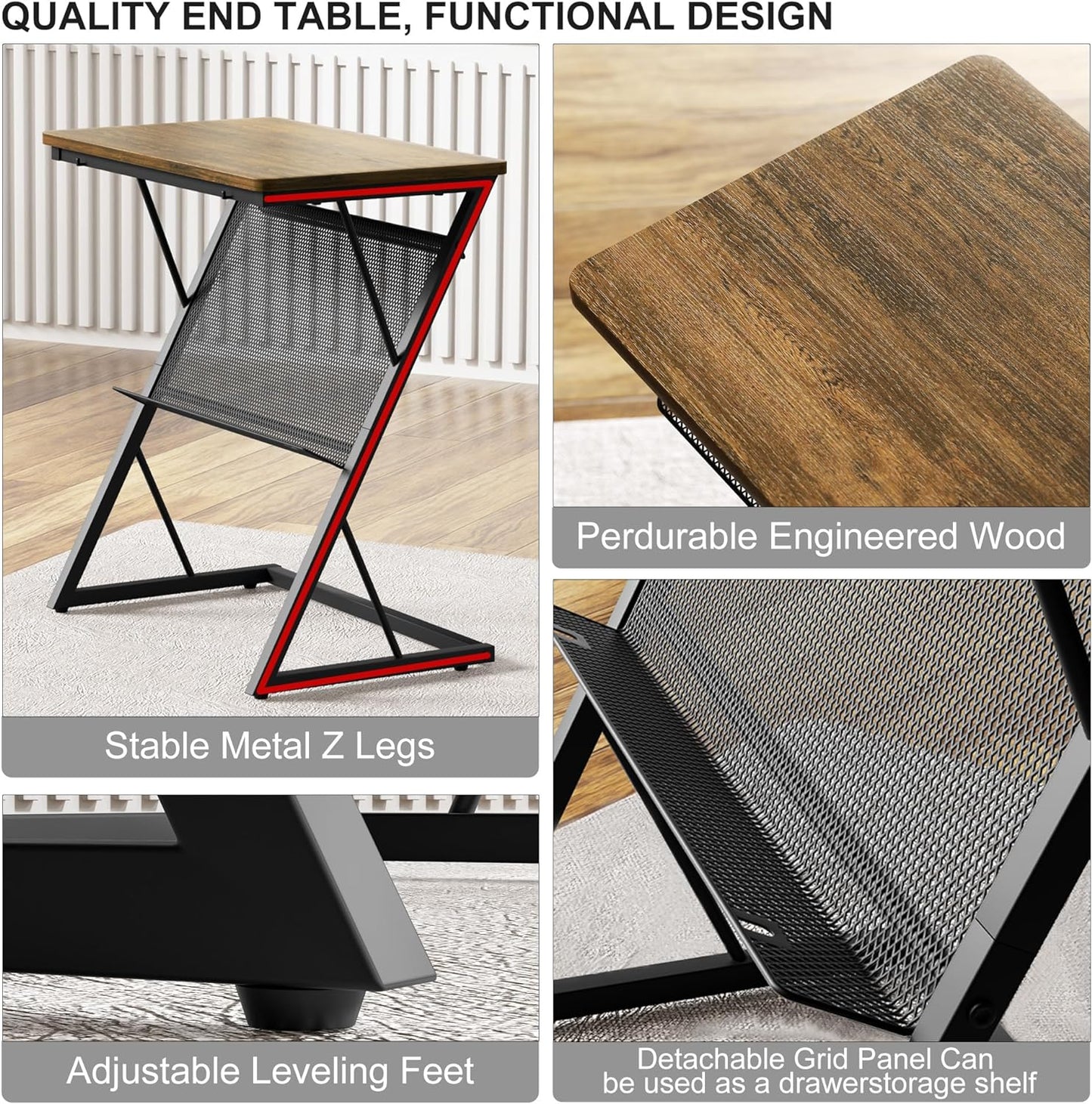 SRIWATANA End Table, Side Table for Bed, Couch and Sofa, Larger Desktop Z Table with Storage Shelf for Living Room, Bedroom
