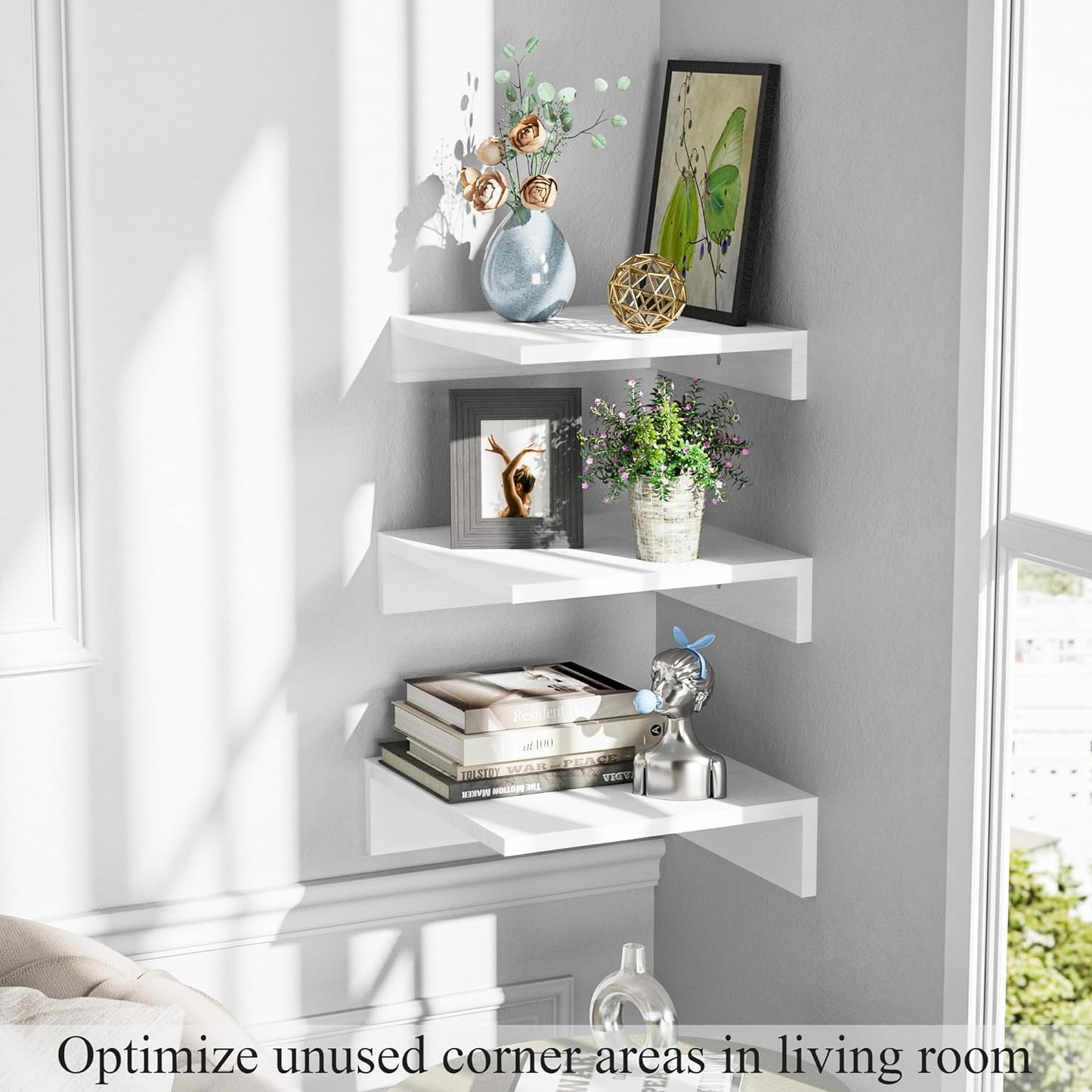 SRIWATANA Corner Wall Shelf, Corner Floating Shelves Wall Mounted, Rustic Wood Corner Shelves Set of 3 for Living Room,Bedroom, Kitchen