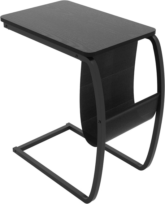 SRIWATANA Side Table End Table, Vintage C Shaped Couch Table with Side Pocket for Sofa Laptop Coffee Snack