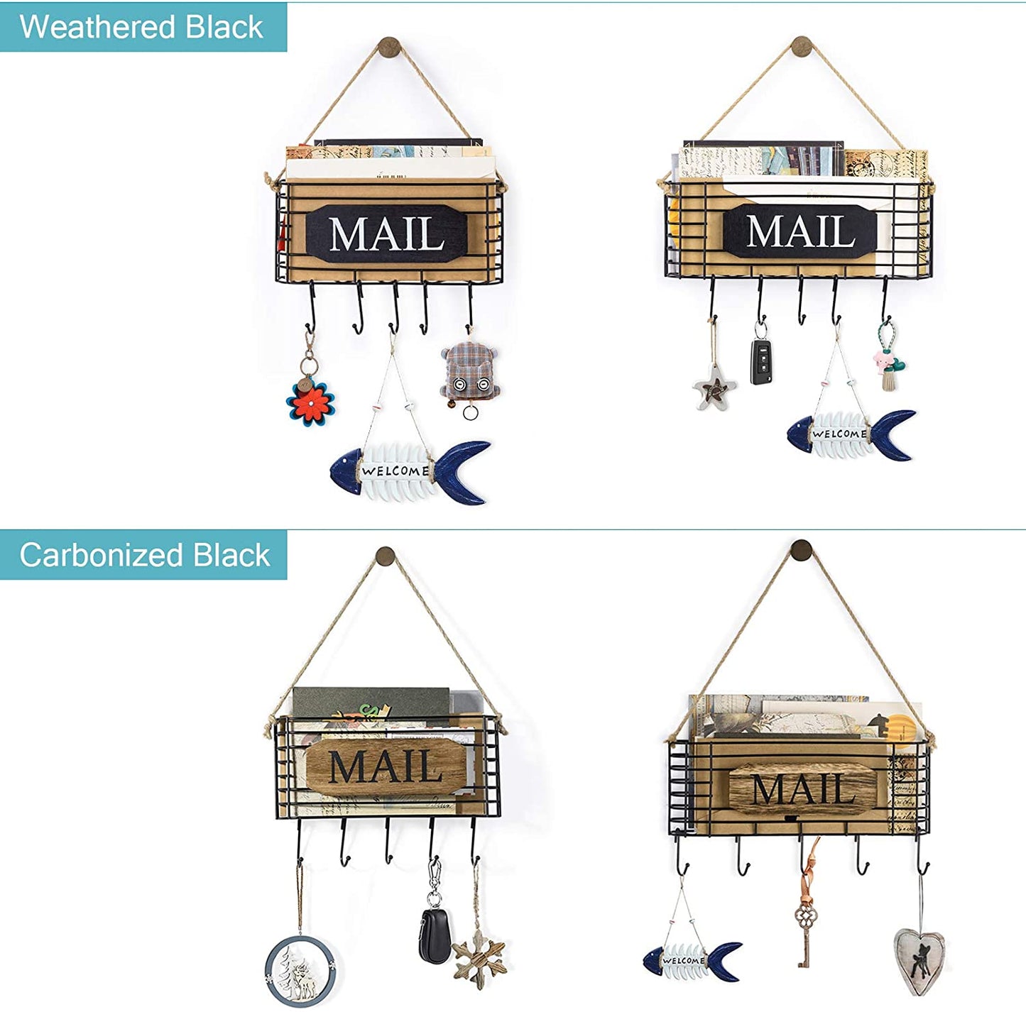 SRIWATANA Weathered Black Mail Key Holder with 5 Hooks