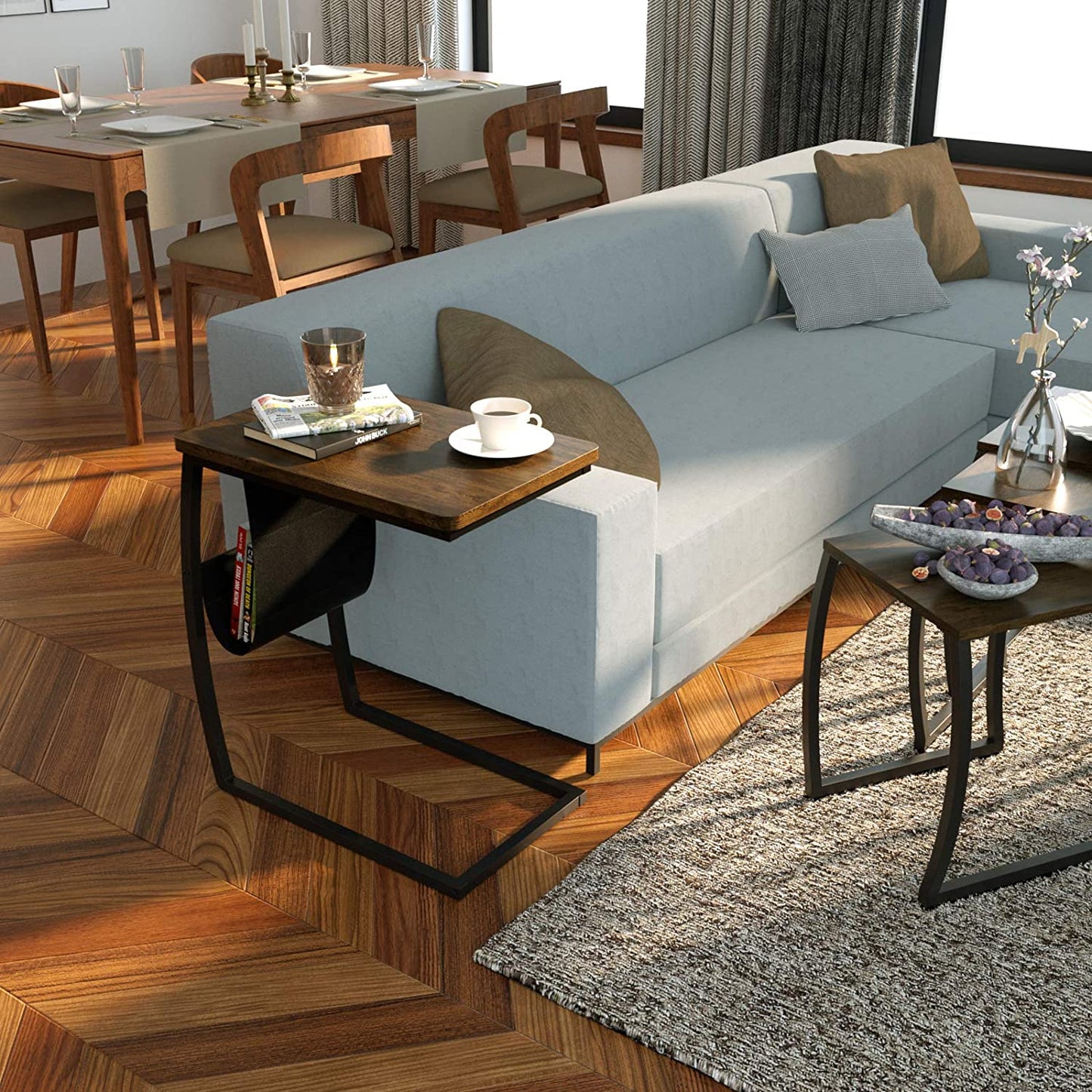 SRIWATANA® Vintage Sofa Side Couch Table with Side Pocket (Dark Walnut)
