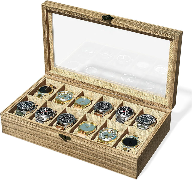 SRIWATANA Watch Box, Watch Case Organizer for Men Women, 12 Slot Watch Holder Display Case with Glass Top - Gifts for Loved Ones