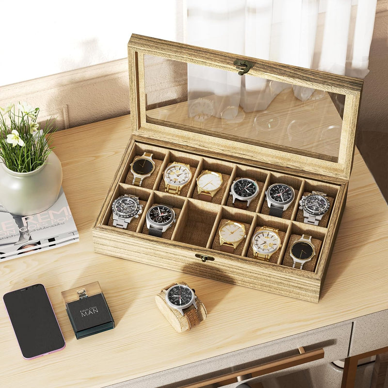 SRIWATANA Watch Box, Watch Case Organizer for Men Women, 12 Slot Watch Holder Display Case with Glass Top - Gifts for Loved Ones