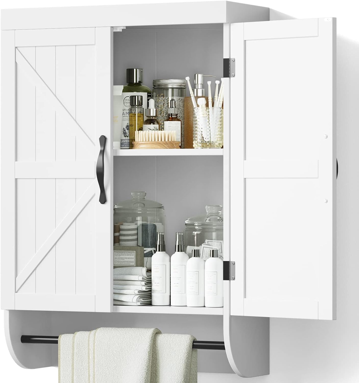 SRIWATANA Bathroom Storage Wall Cabinet Over The Toilet with Adjustable Shelf, Space Saver 2-Door Medicine Cabinet with Metal Bar