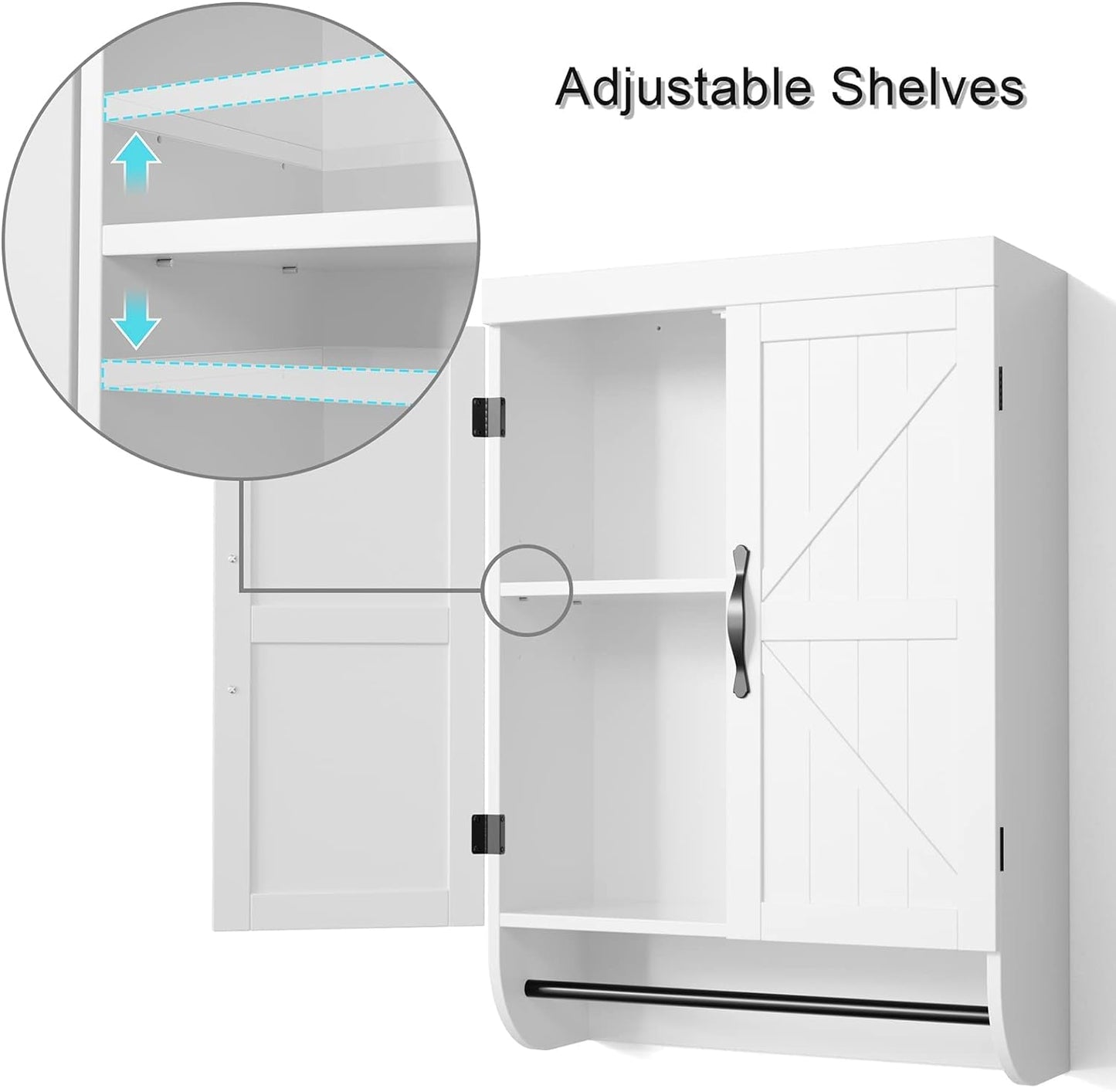 SRIWATANA Bathroom Storage Wall Cabinet Over The Toilet with Adjustable Shelf, Space Saver 2-Door Medicine Cabinet with Metal Bar