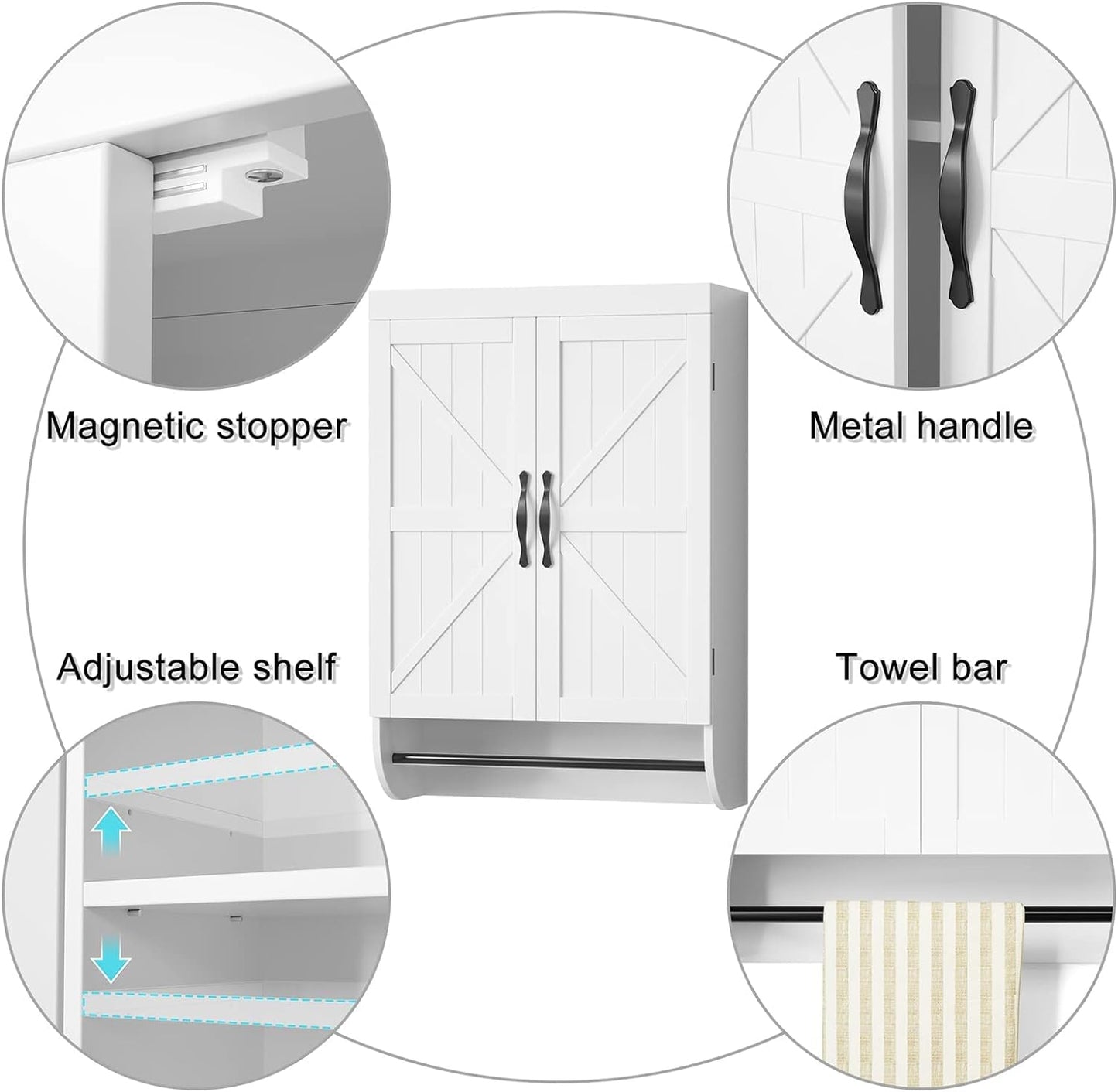 SRIWATANA Bathroom Storage Wall Cabinet Over The Toilet with Adjustable Shelf, Space Saver 2-Door Medicine Cabinet with Metal Bar