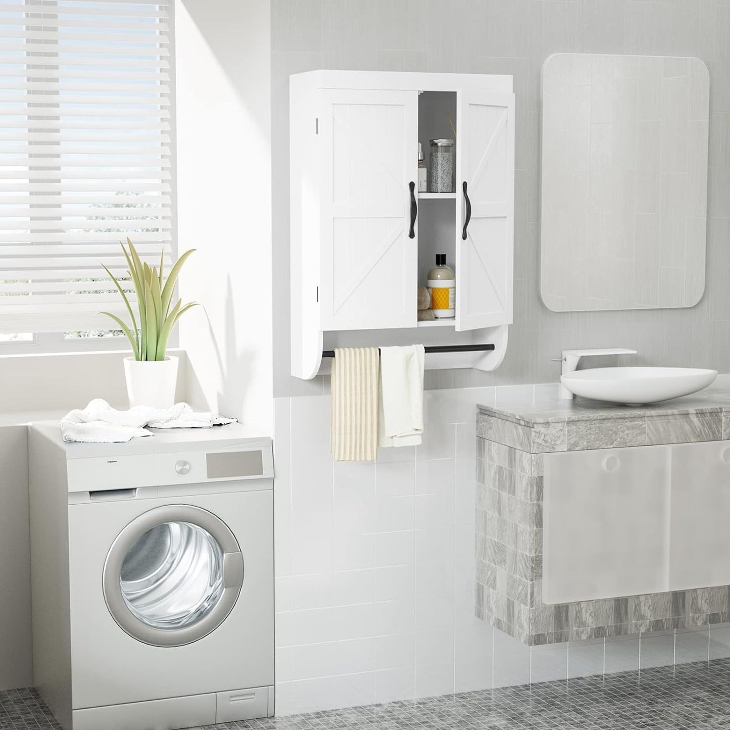 SRIWATANA Bathroom Storage Wall Cabinet Over The Toilet with Adjustable Shelf, Space Saver 2-Door Medicine Cabinet with Metal Bar