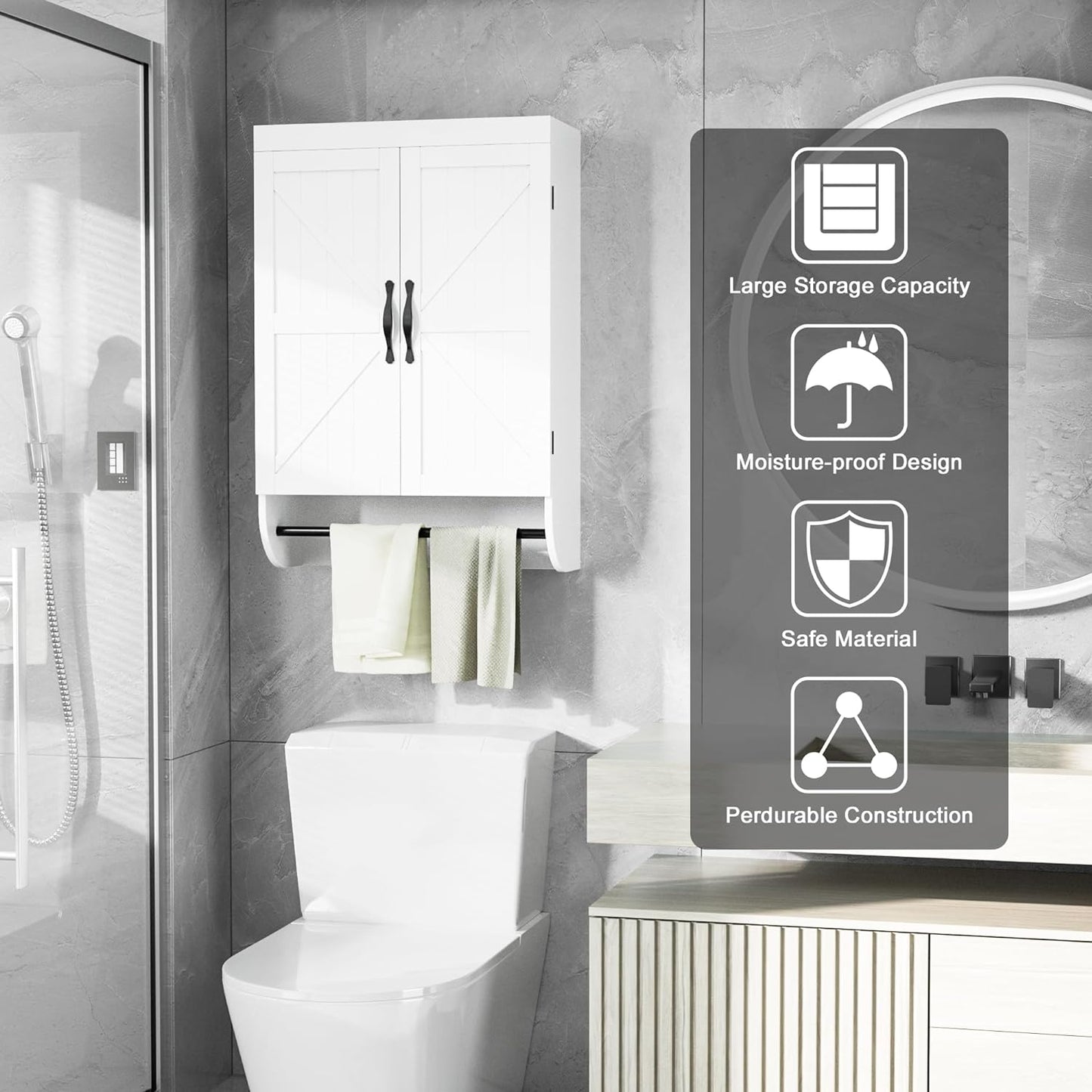 SRIWATANA Bathroom Storage Wall Cabinet Over The Toilet with Adjustable Shelf, Space Saver 2-Door Medicine Cabinet with Metal Bar