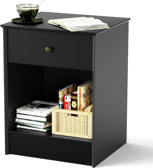 SRIWATANA Nightstand, 2-Tier Bedside Table with Drawer, Modern End Table, Black