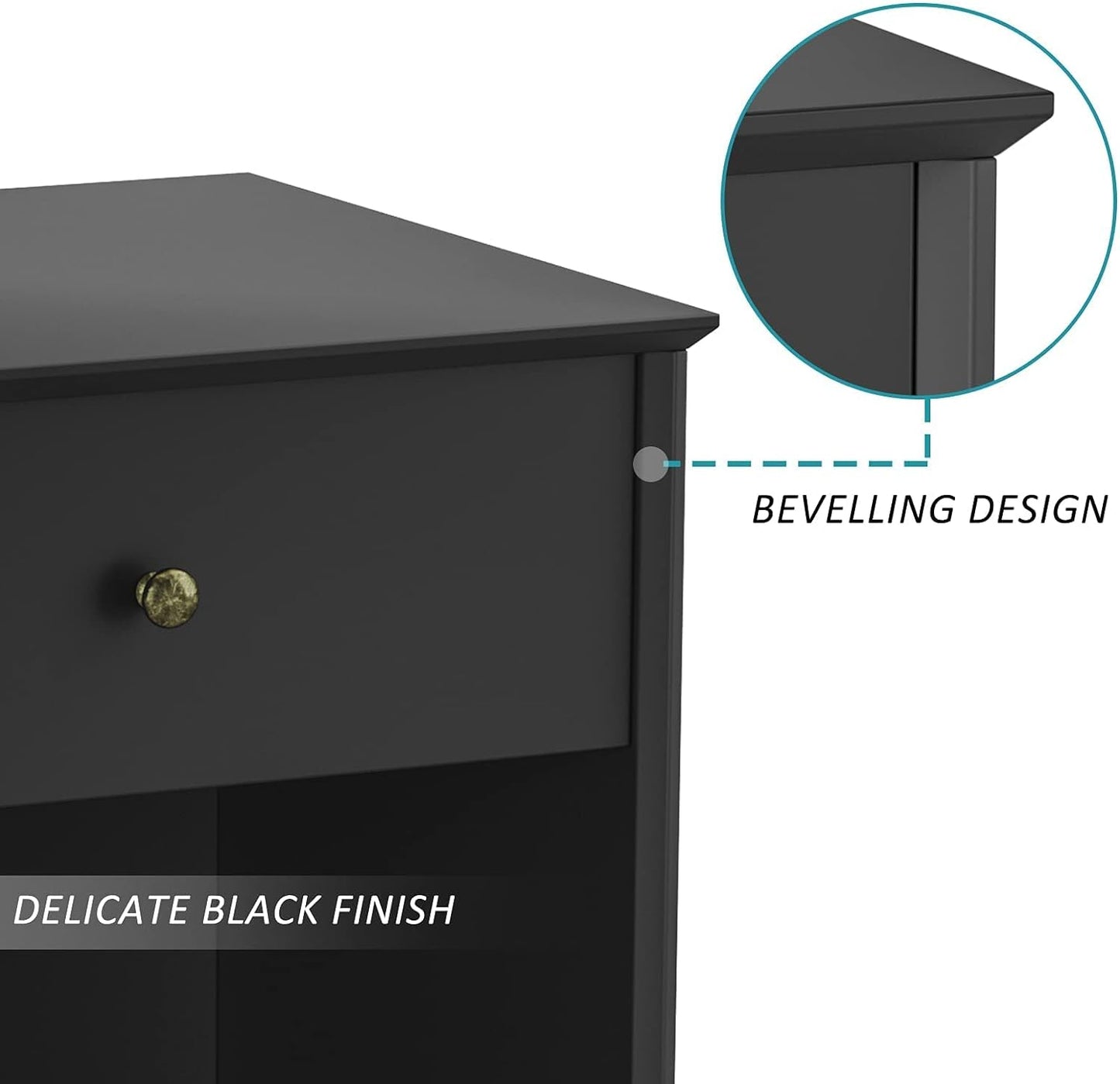 SRIWATANA Nightstand, 2-Tier Bedside Table with Drawer, Modern End Table, Black