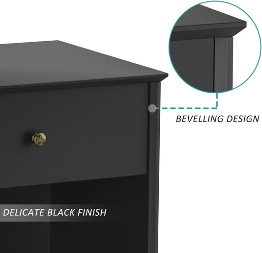 SRIWATANA Nightstand, 2-Tier Bedside Table with Drawer, Modern End Table, Black