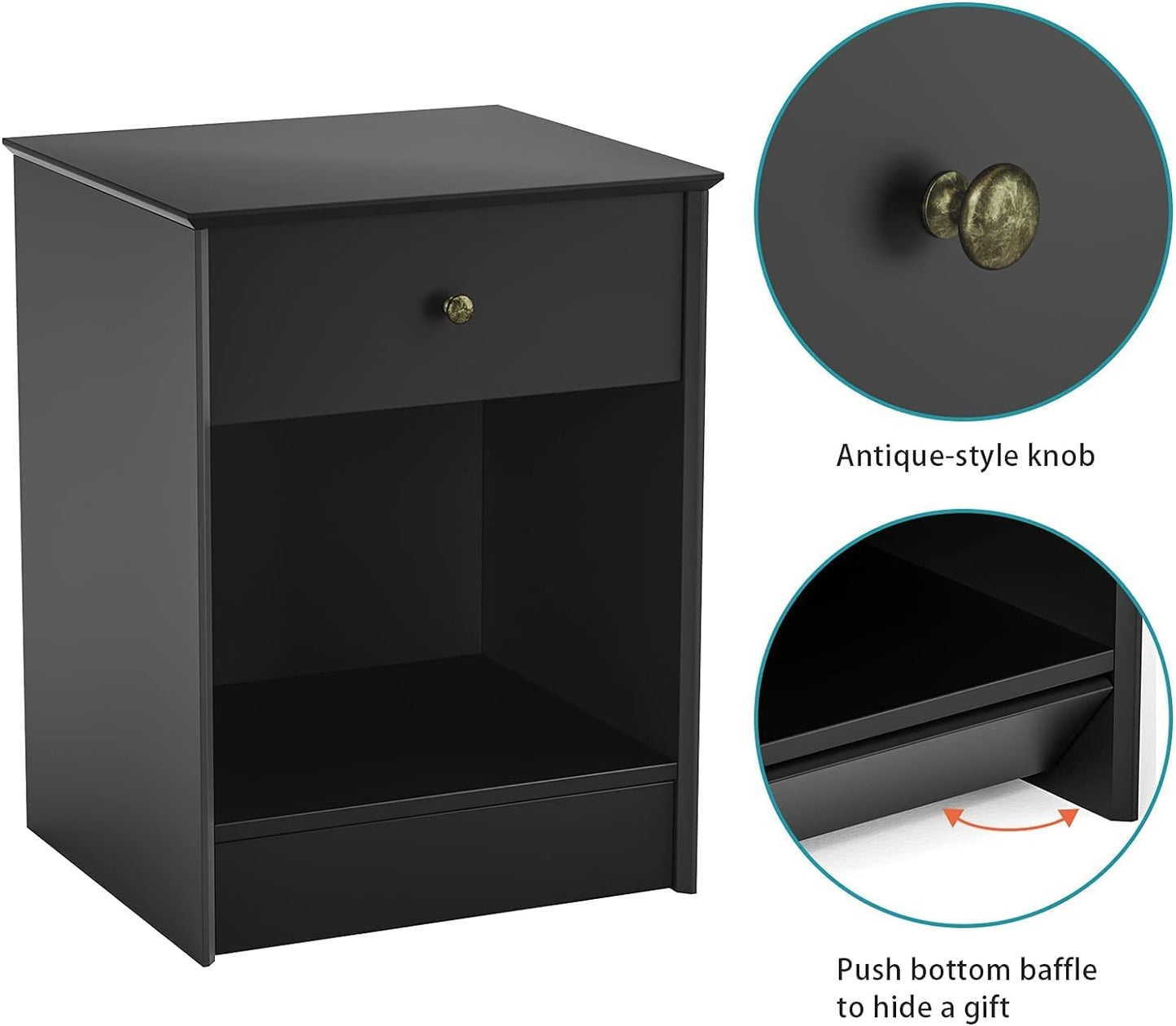 SRIWATANA Nightstand, 2-Tier Bedside Table with Drawer, Modern End Table, Black