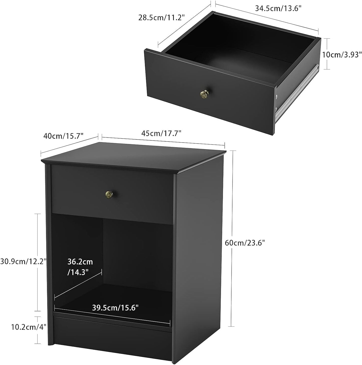 SRIWATANA Nightstand, 2-Tier Bedside Table with Drawer, Modern End Table, Black