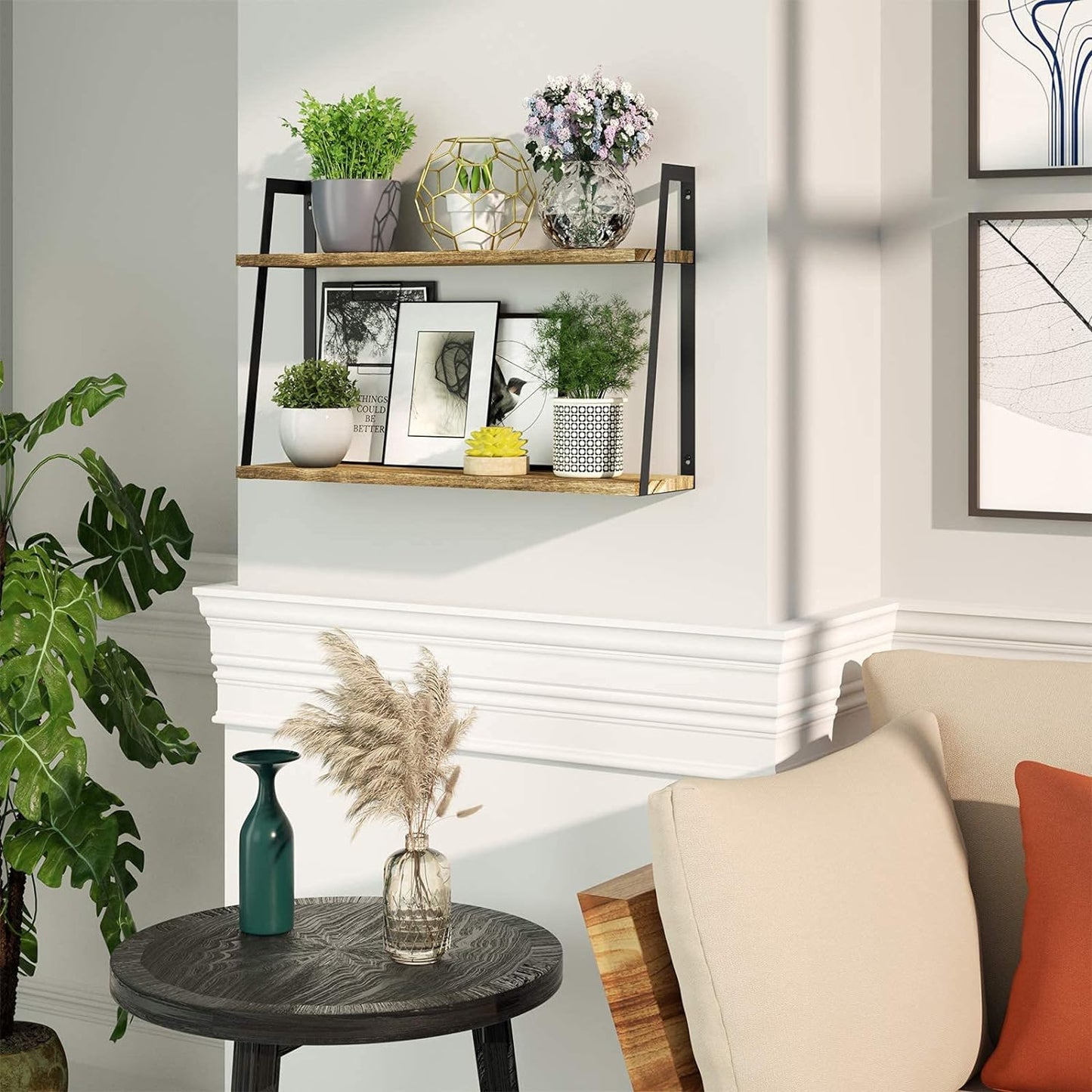 SRIWATANA Floating Wall Shelves, 2-Tier Rustic Wood Shelves for Bedoom, Bathroom, Living Room, Kitchen
