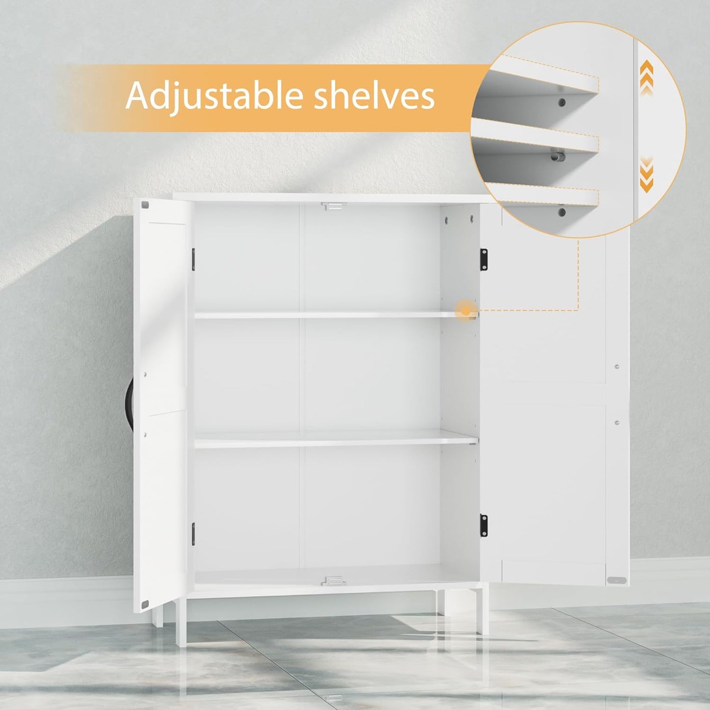 SRIWATANA Bathroom Floor Storage Cabinet with 2 Doors & Adjustable Shelves, Wooden Free Standing Cabinet Organizer
