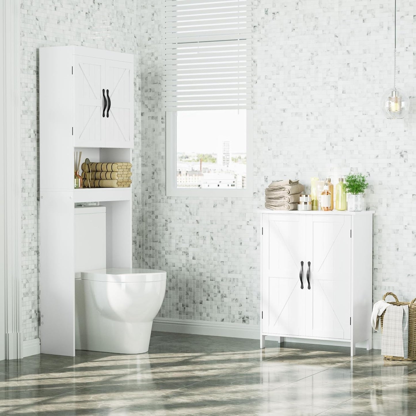 SRIWATANA Bathroom Floor Storage Cabinet with 2 Doors & Adjustable Shelves, Wooden Free Standing Cabinet Organizer