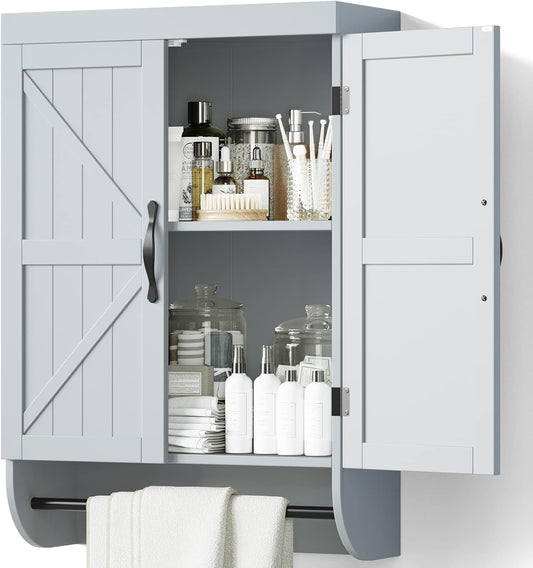 SRIWATANA Bathroom Storage Wall Cabinet Over The Toilet with Adjustable Shelf, Space Saver 2-Door Medicine Cabinet with Metal Bar