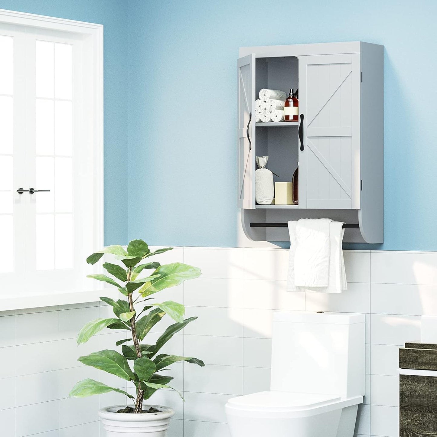 SRIWATANA Bathroom Storage Wall Cabinet Over The Toilet with Adjustable Shelf, Space Saver 2-Door Medicine Cabinet with Metal Bar