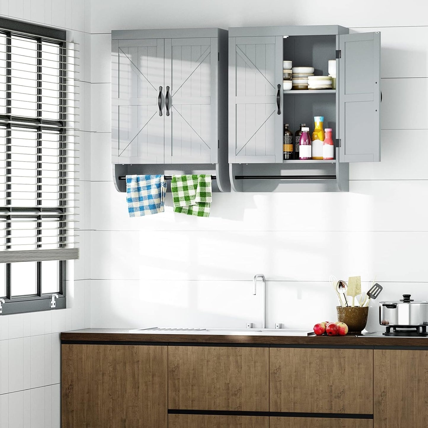 SRIWATANA Bathroom Storage Wall Cabinet Over The Toilet with Adjustable Shelf, Space Saver 2-Door Medicine Cabinet with Metal Bar
