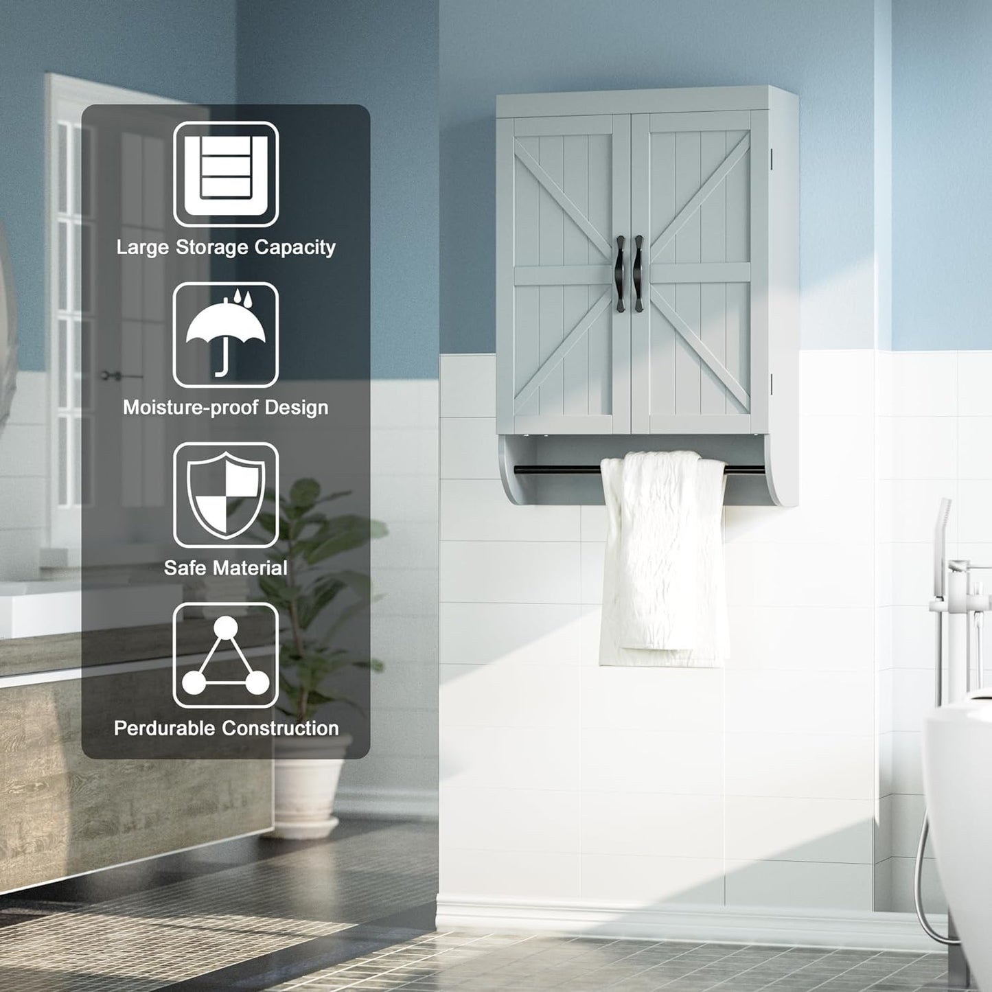 SRIWATANA Bathroom Storage Wall Cabinet Over The Toilet with Adjustable Shelf, Space Saver 2-Door Medicine Cabinet with Metal Bar