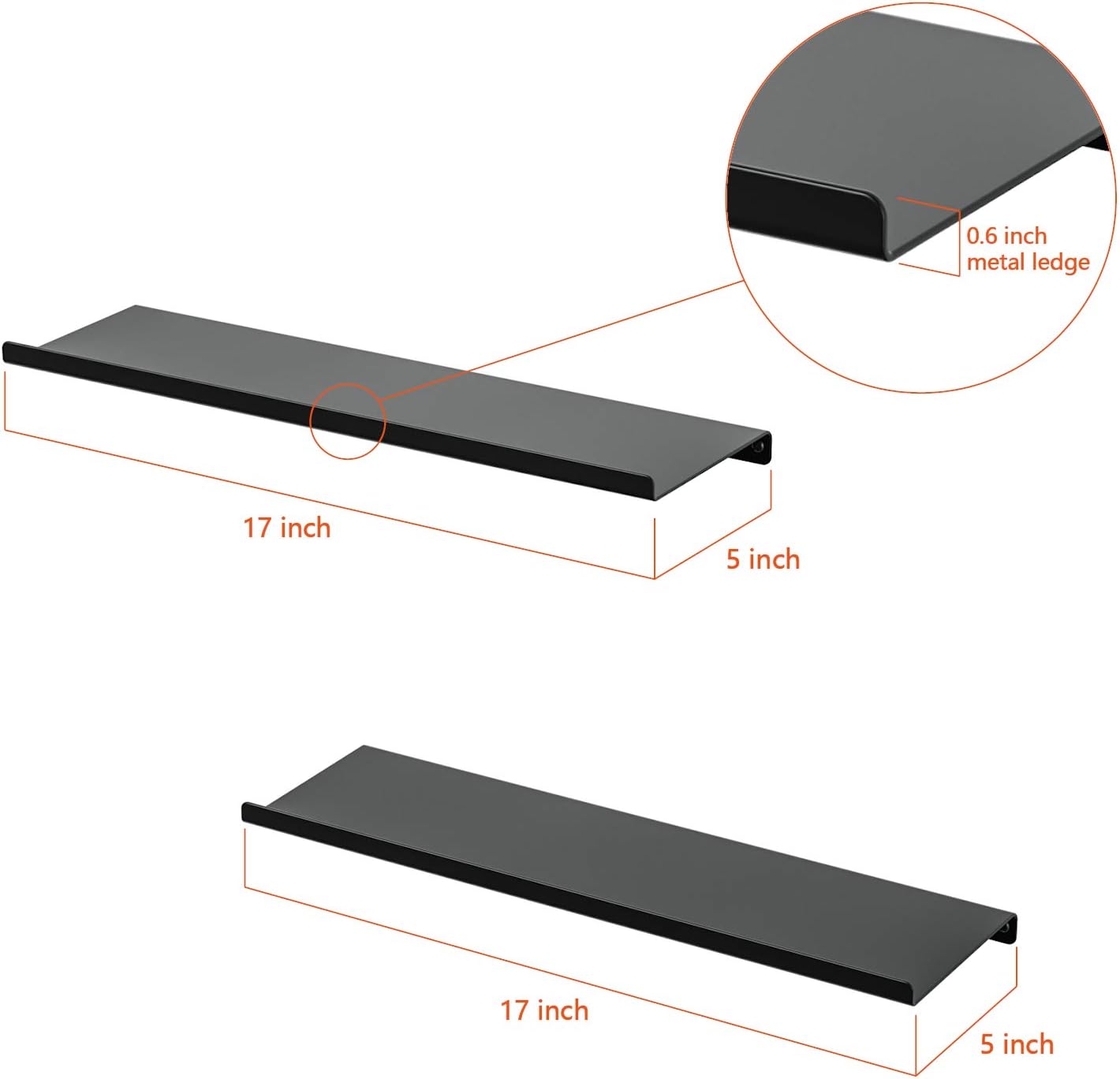 SRIWATANA Black Metal Wall Shelves, 2 Set Floating Shelves for Bedroom, Living Room, Bathroom, Kitchen