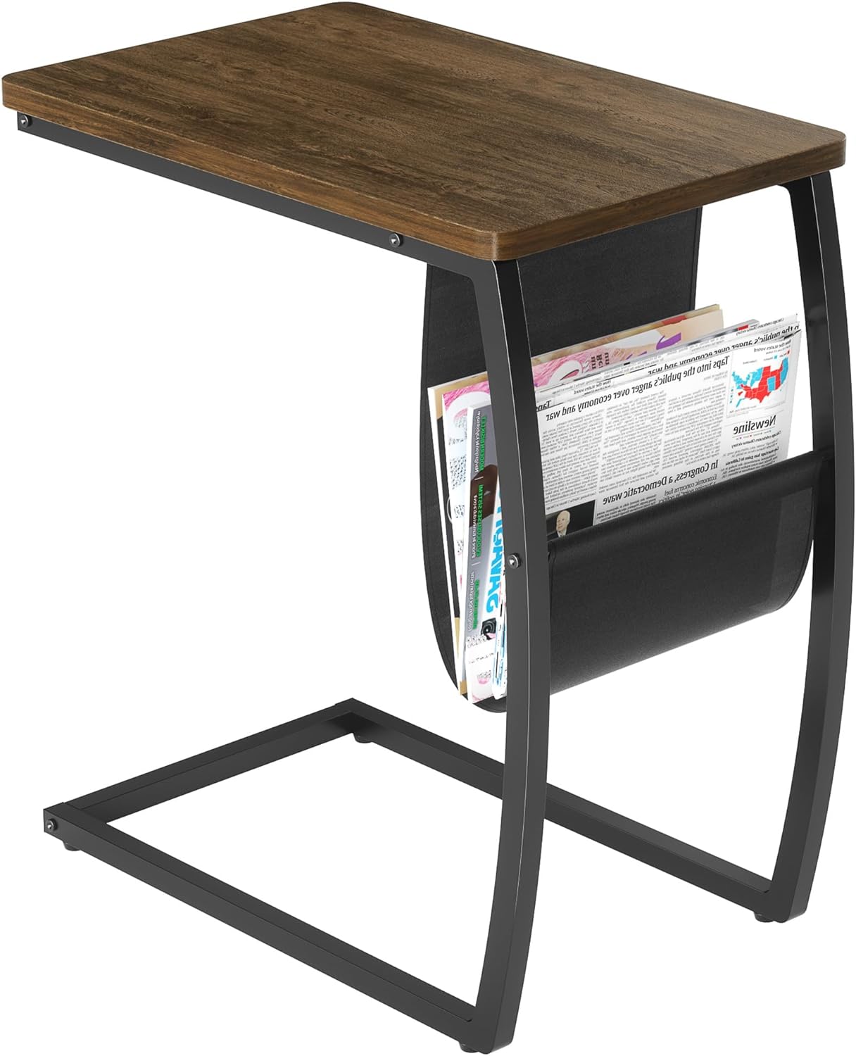 SRIWATANA Side Table End Table, Vintage C Shaped Couch Table with Side Pocket for Sofa Laptop Coffee Snack