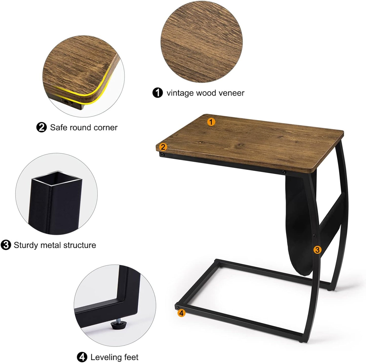 SRIWATANA Side Table End Table, Vintage C Shaped Couch Table with Side Pocket for Sofa Laptop Coffee Snack