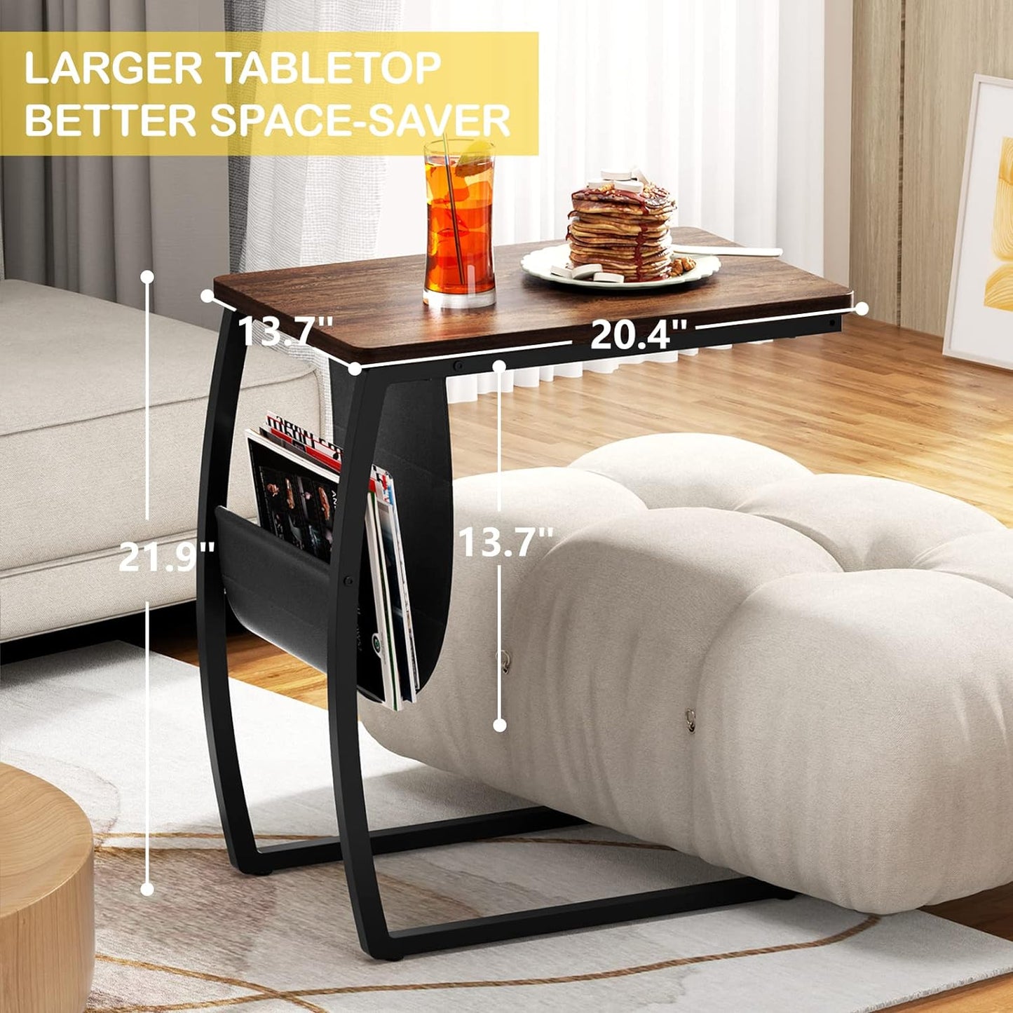 SRIWATANA Side Table End Table, Vintage C Shaped Couch Table with Side Pocket for Sofa Laptop Coffee Snack