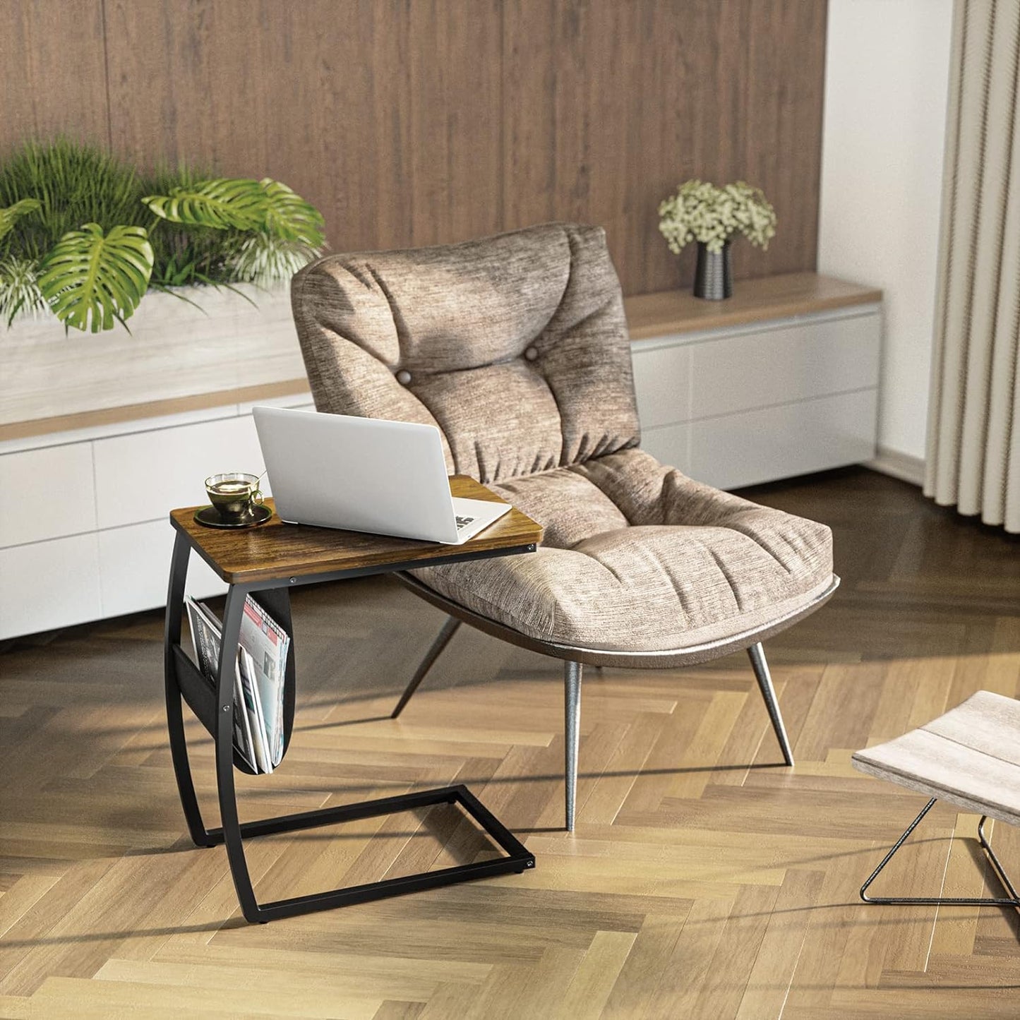 SRIWATANA Side Table End Table, Vintage C Shaped Couch Table with Side Pocket for Sofa Laptop Coffee Snack