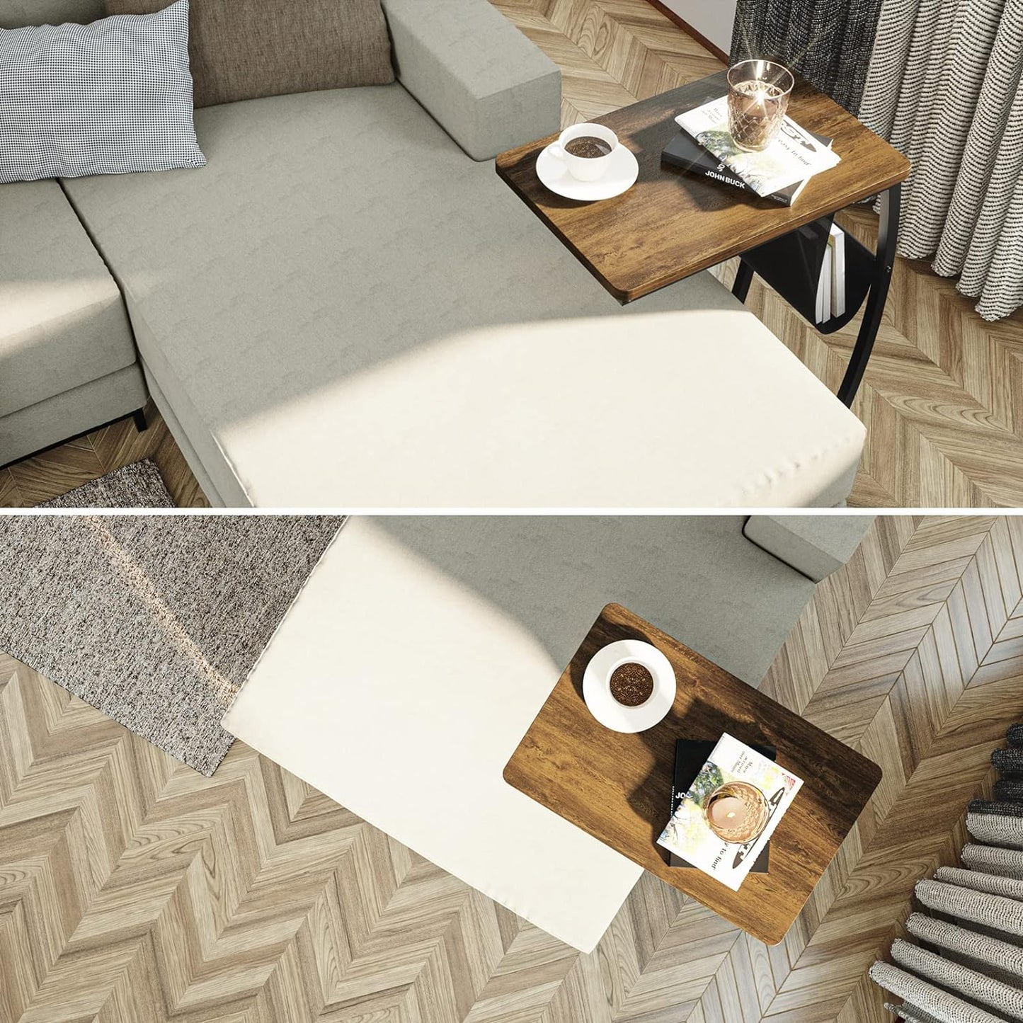SRIWATANA Side Table End Table, Vintage C Shaped Couch Table with Side Pocket for Sofa Laptop Coffee Snack