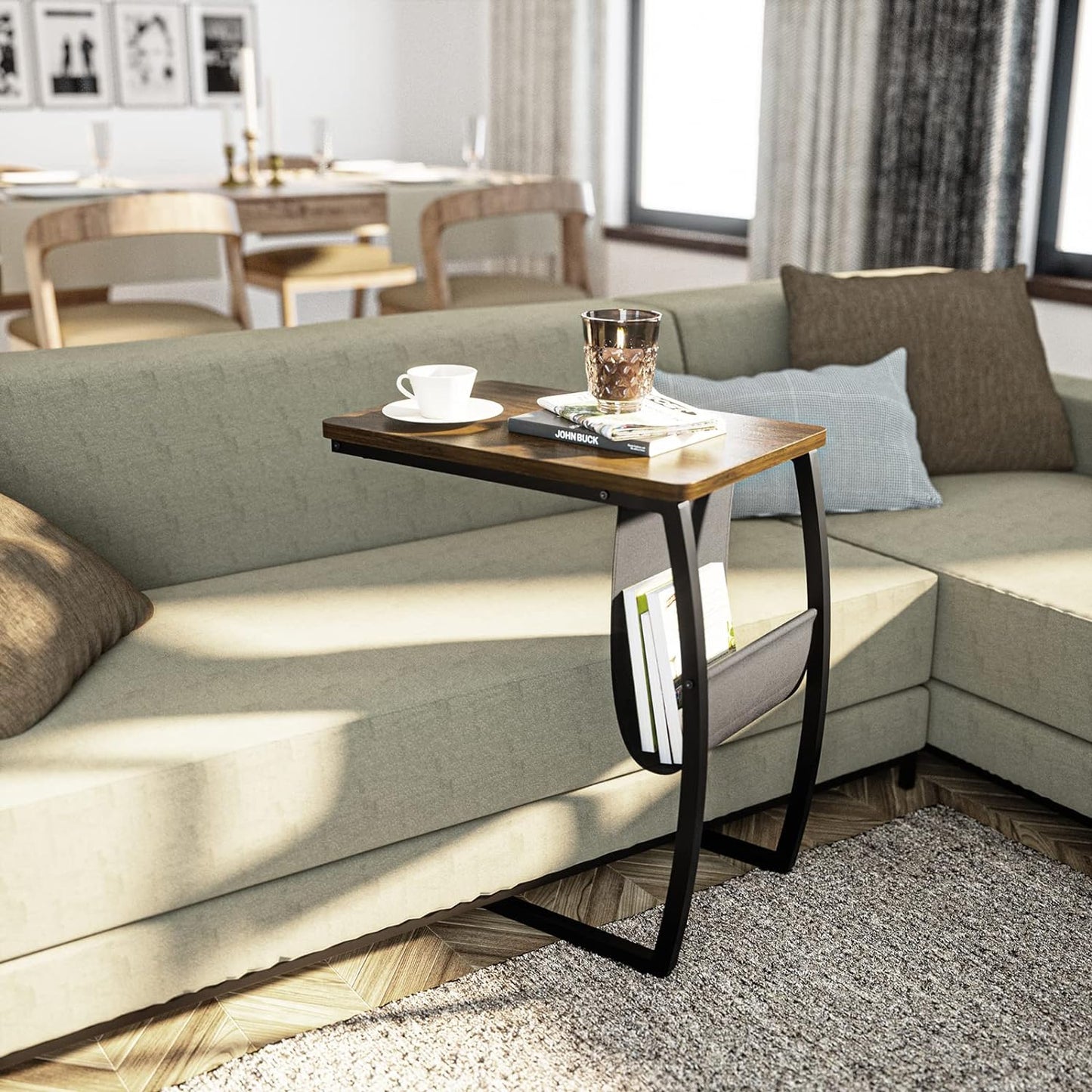 SRIWATANA Side Table End Table, Vintage C Shaped Couch Table with Side Pocket for Sofa Laptop Coffee Snack