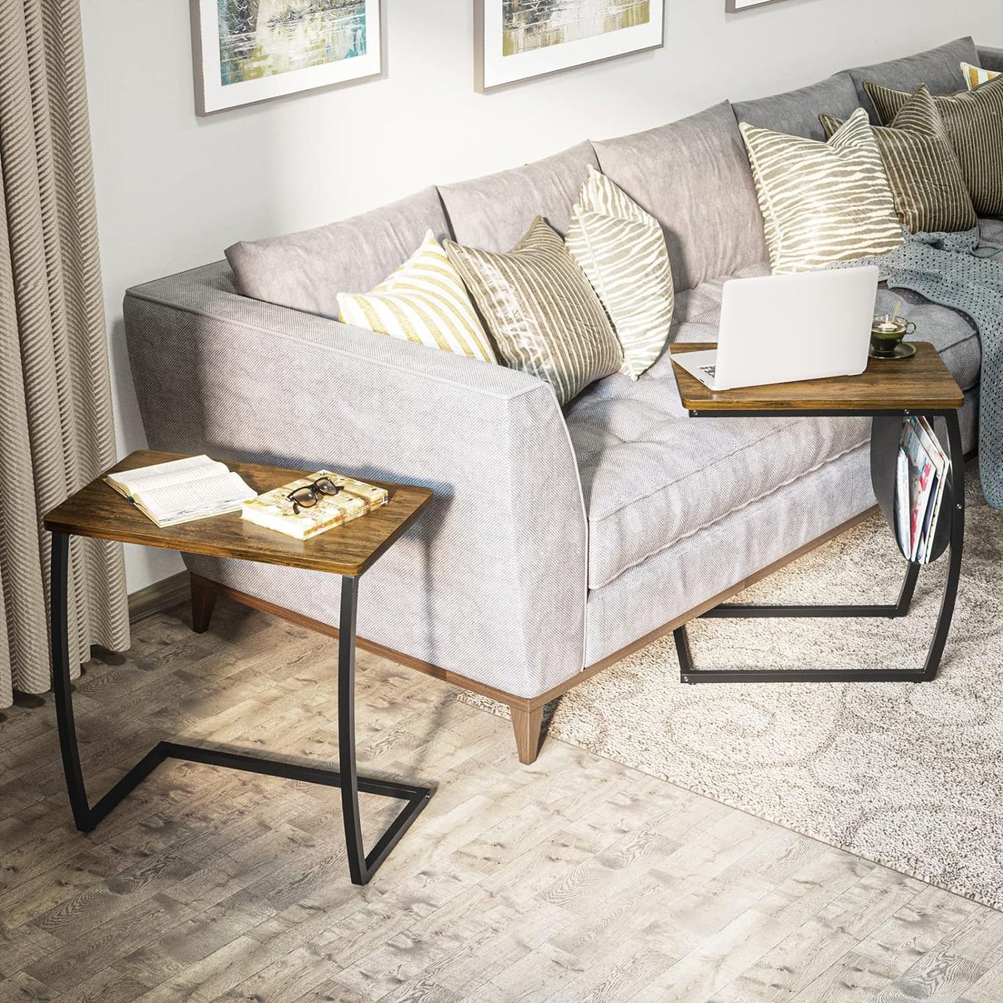 SRIWATANA Side Table End Table, Vintage C Shaped Couch Table with Side Pocket for Sofa Laptop Coffee Snack