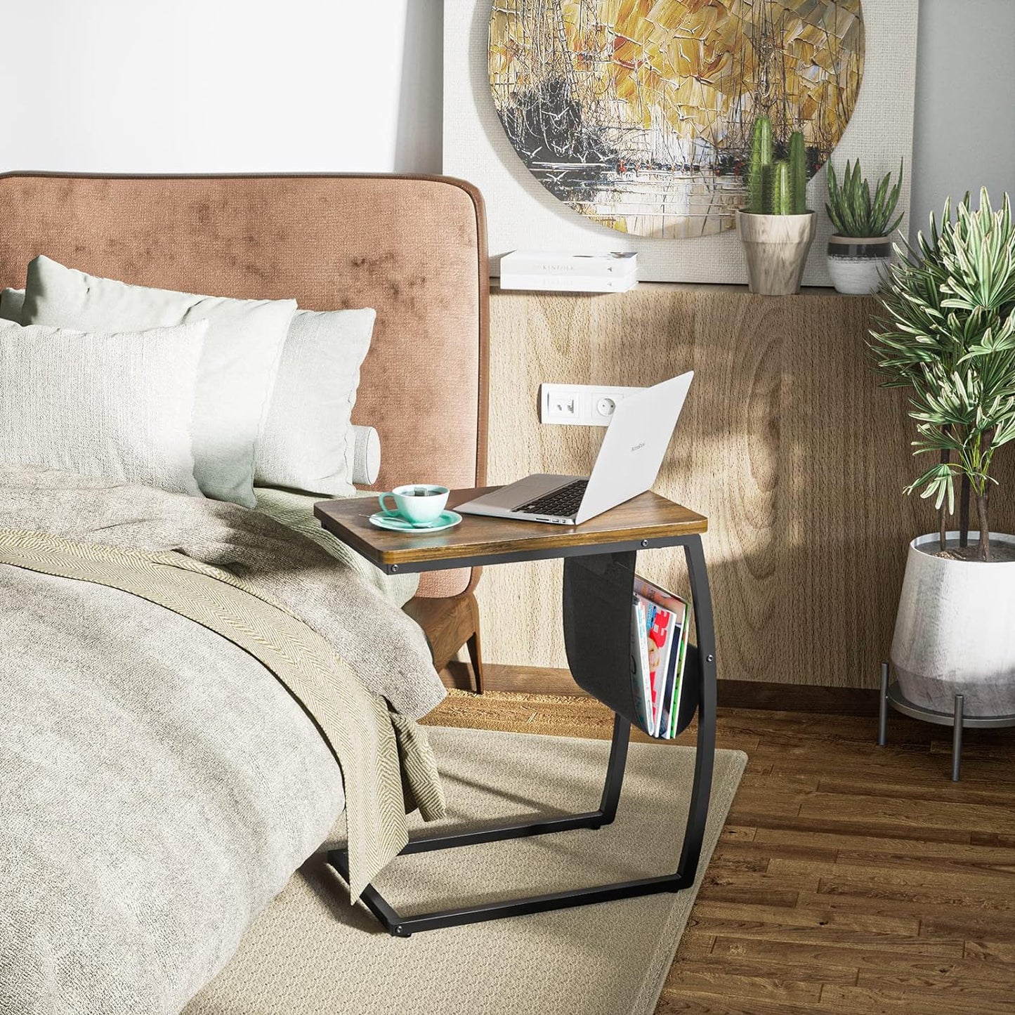 SRIWATANA Side Table End Table, Vintage C Shaped Couch Table with Side Pocket for Sofa Laptop Coffee Snack