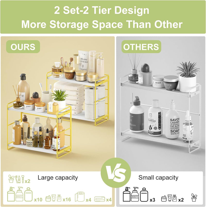 SRIWATANA Bathroom Countertop Organizer Set of 2, Kitchen Counter Shelf Spice Rack Sink Countertop Storage Desktop Large Wood Shelf