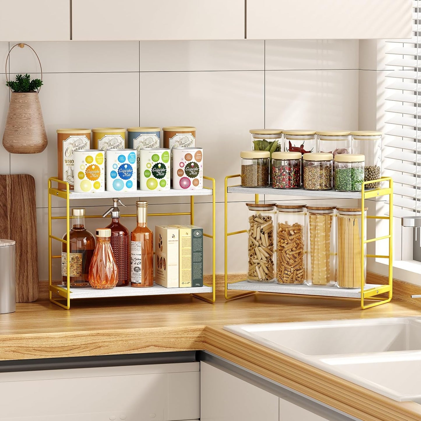 SRIWATANA Bathroom Countertop Organizer Set of 2, Kitchen Counter Shelf Spice Rack Sink Countertop Storage Desktop Large Wood Shelf