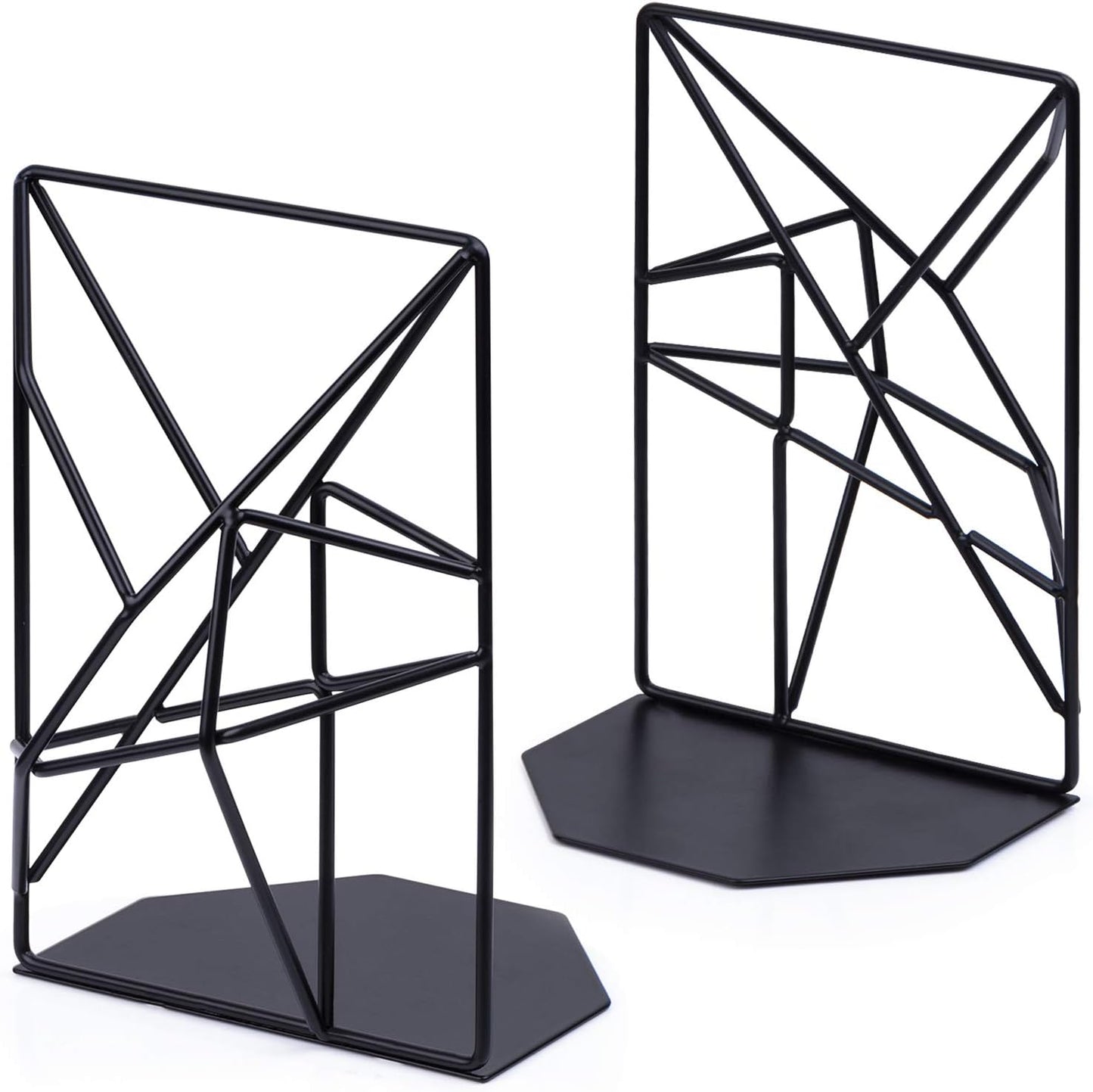 SRIWATANA Bookends Black, Decorative Metal Book Ends Supports for Shelves, Unique Geometric Design(1 Pair/2 Pieces)