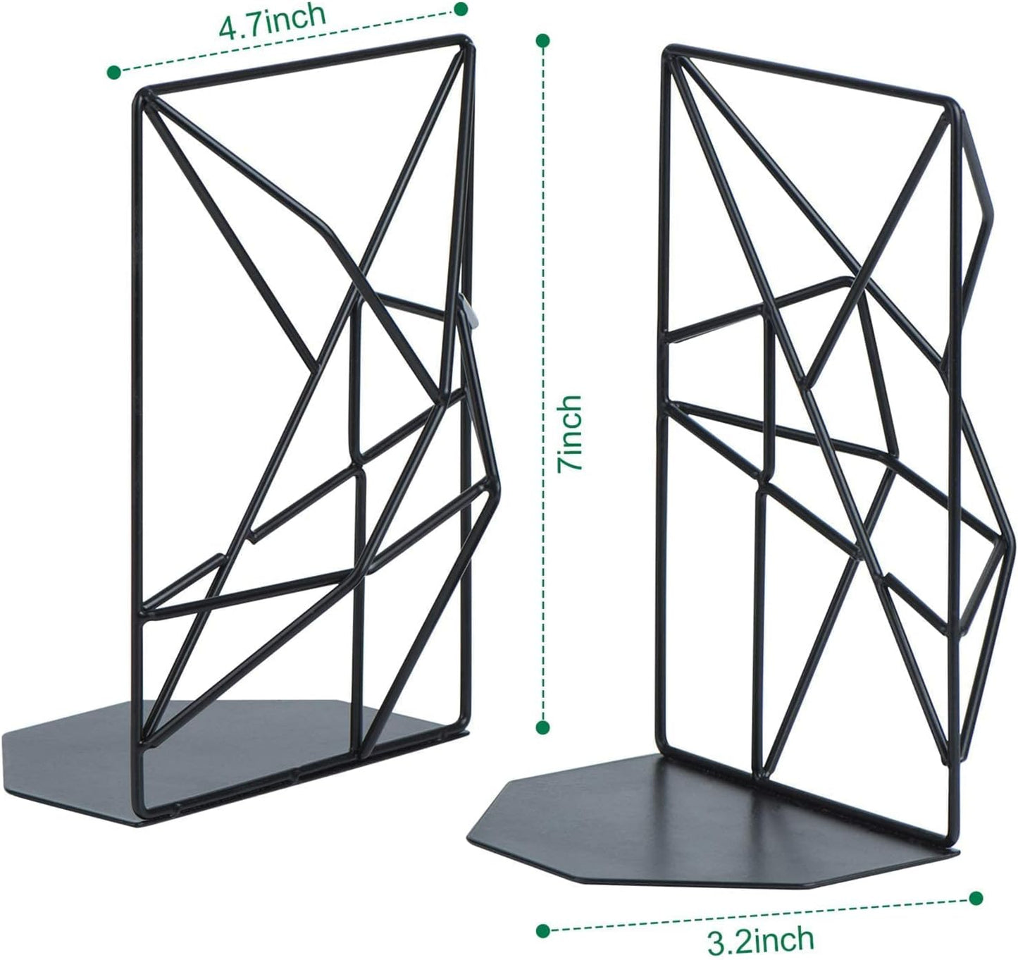 SRIWATANA Bookends Black, Decorative Metal Book Ends Supports for Shelves, Unique Geometric Design(1 Pair/2 Pieces)