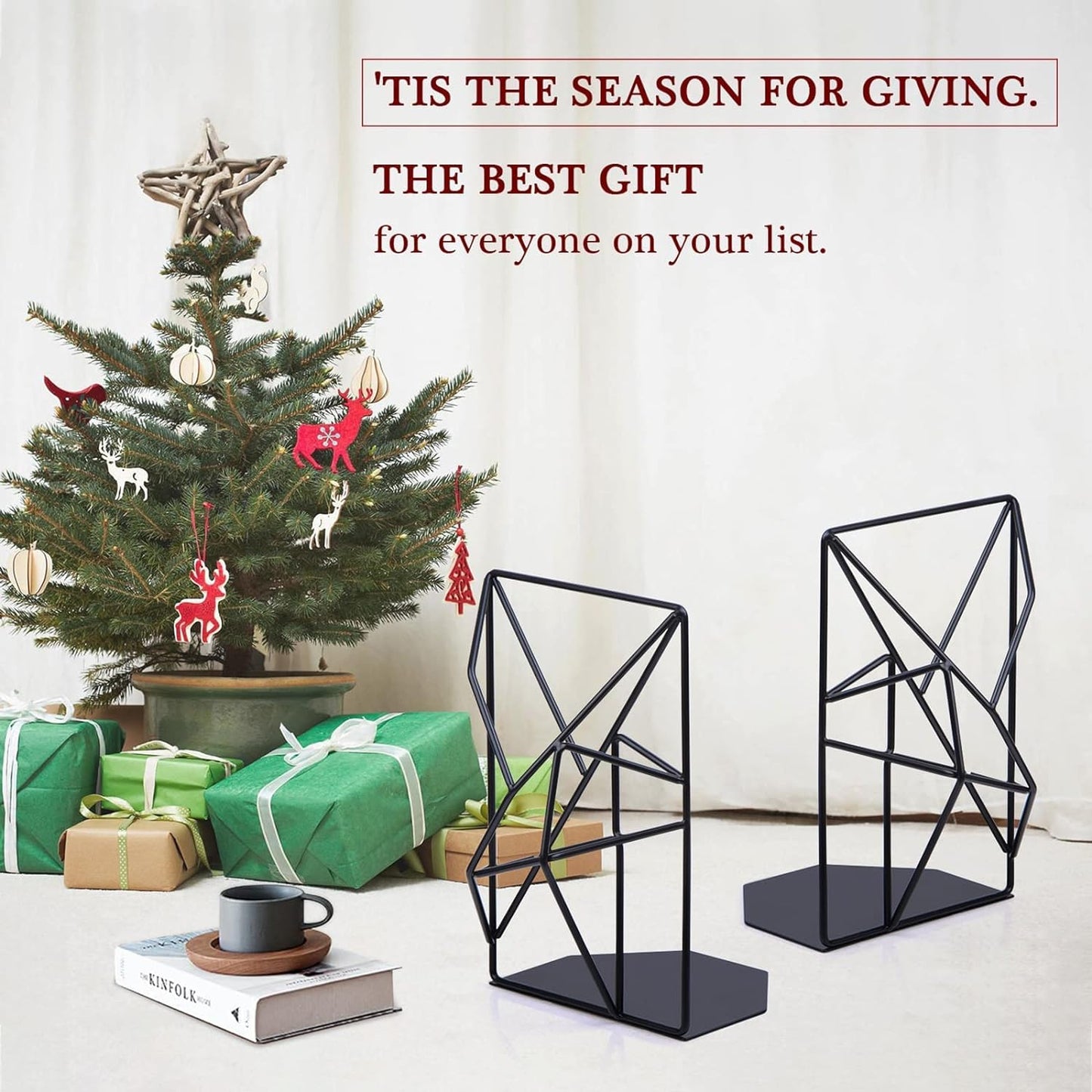 SRIWATANA Bookends Black, Decorative Metal Book Ends Supports for Shelves, Unique Geometric Design(1 Pair/2 Pieces)
