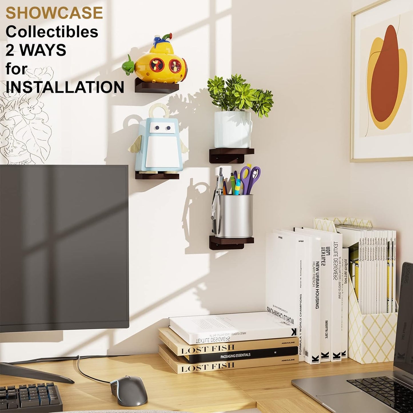 SRIWATANA Small Floating Shelves Wall Mounted, 4 Inch Wood Shelf for Decoration and Storage Set of 4, Mini Display Shelf for Bedroom, Bathroom, Kitchen, Office