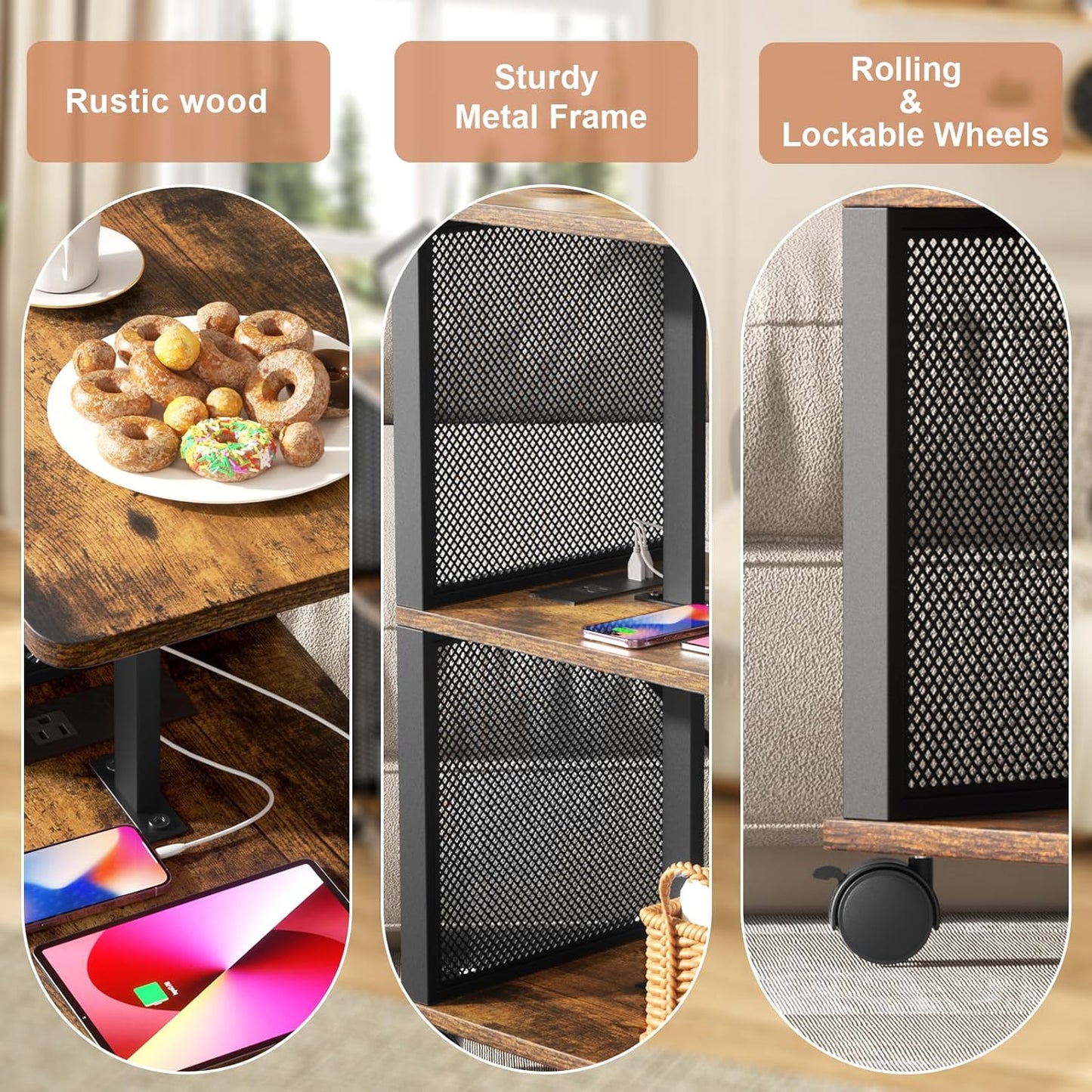 SRIWATANA End Table with Charging Station,Narrow Side Tables for Small Spaces,Sofa Beside Table with Rolling Wheels, Slim Nightstand with USB Ports and Outlets for Living Room, Bedroom