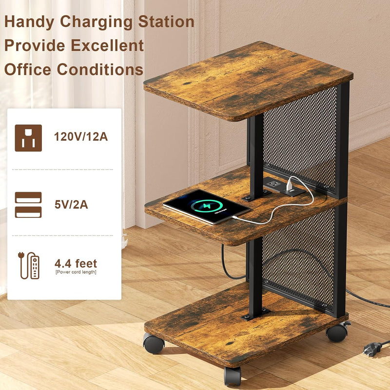 SRIWATANA End Table with Charging Station,Narrow Side Tables for Small Spaces,Sofa Beside Table with Rolling Wheels, Slim Nightstand with USB Ports and Outlets for Living Room, Bedroom