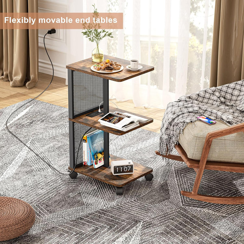 SRIWATANA End Table with Charging Station,Narrow Side Tables for Small Spaces,Sofa Beside Table with Rolling Wheels, Slim Nightstand with USB Ports and Outlets for Living Room, Bedroom