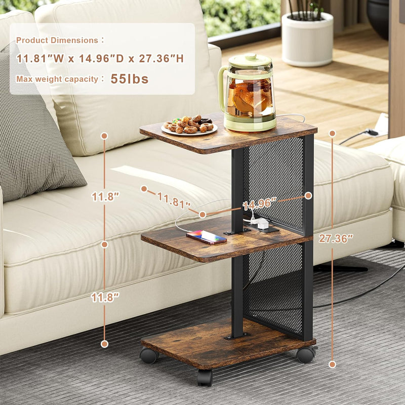 SRIWATANA End Table with Charging Station,Narrow Side Tables for Small Spaces,Sofa Beside Table with Rolling Wheels, Slim Nightstand with USB Ports and Outlets for Living Room, Bedroom