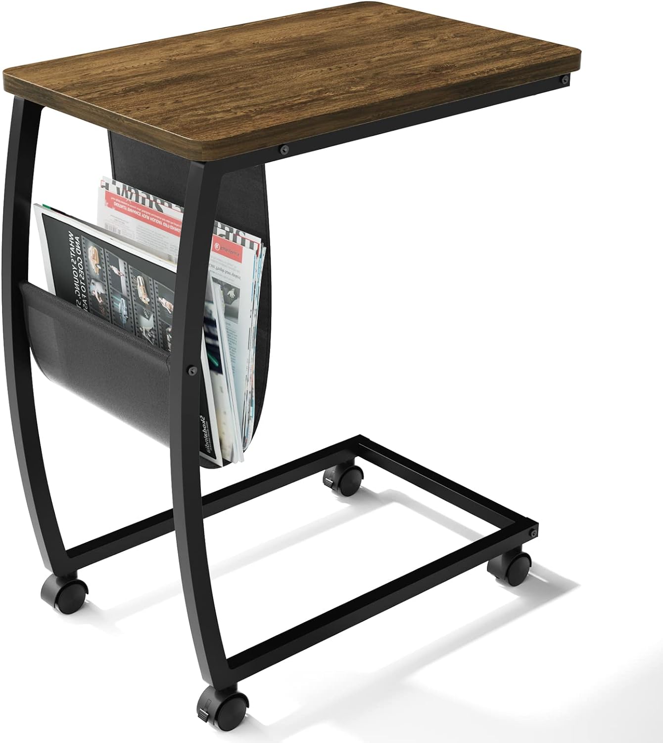 SRIWATANA Side Table End Table, Vintage C Shaped Couch Table with Side Pocket for Sofa Laptop Coffee Snack