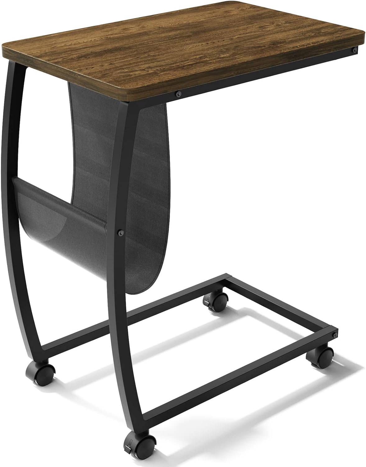 SRIWATANA Side Table End Table, Vintage C Shaped Couch Table with Side Pocket for Sofa Laptop Coffee Snack