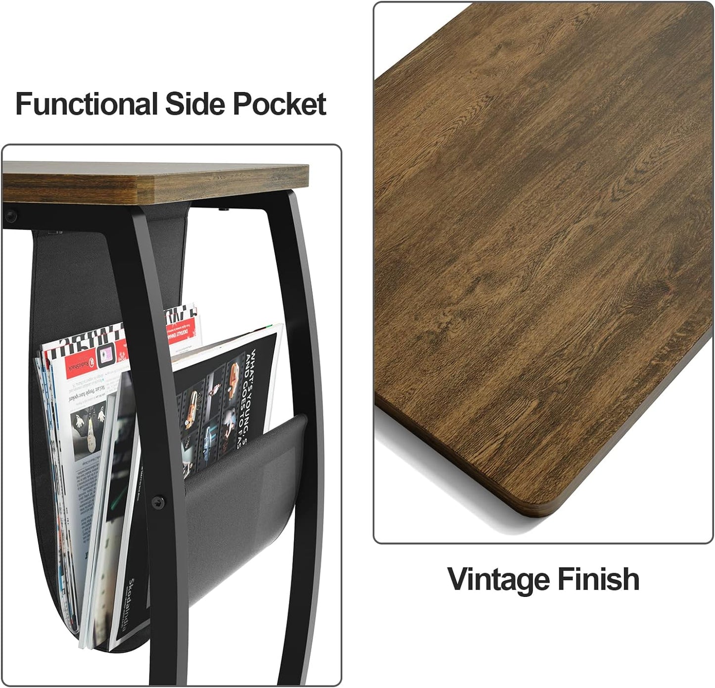 SRIWATANA Side Table End Table, Vintage C Shaped Couch Table with Side Pocket for Sofa Laptop Coffee Snack