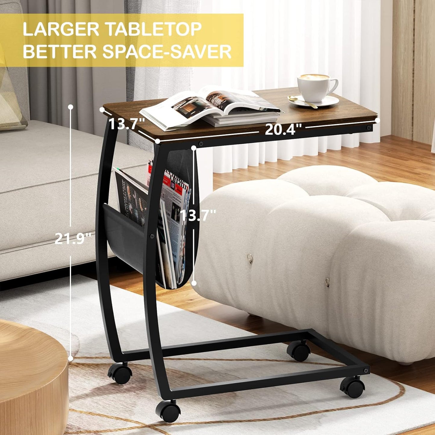 SRIWATANA Side Table End Table, Vintage C Shaped Couch Table with Side Pocket for Sofa Laptop Coffee Snack