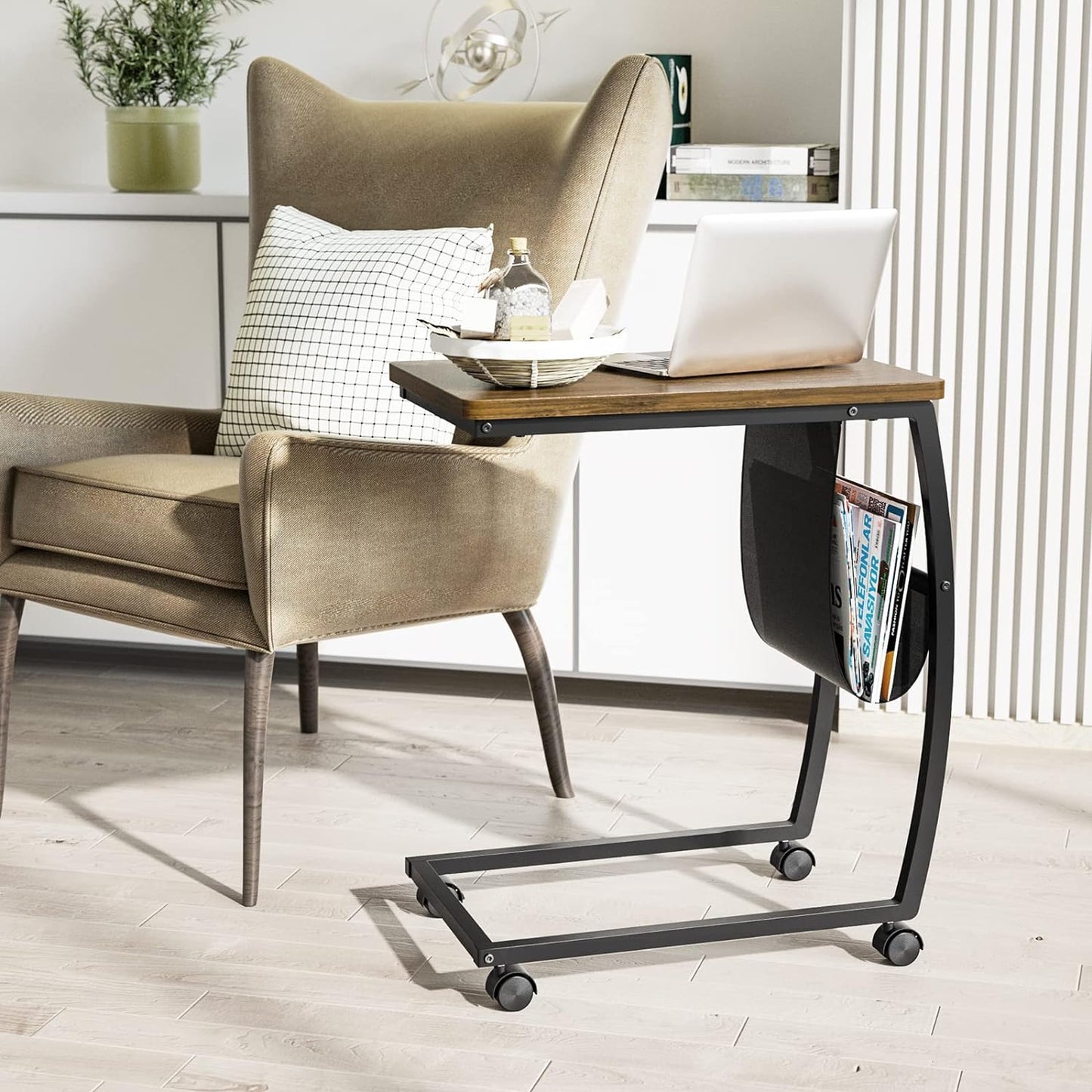 SRIWATANA Side Table End Table, Vintage C Shaped Couch Table with Side Pocket for Sofa Laptop Coffee Snack